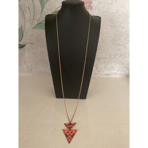 Geometric Tribal Pendant Necklace With Peach Enamel Accents & Gold-Tone Chain